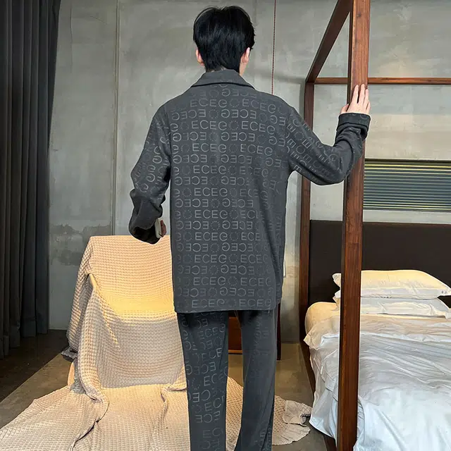 兰缪 保暖长袖长裤翻领加厚时尚家居睡衣套装 男款 图片色