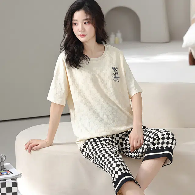 兰缪 亲肤卡通简约短袖七分裤可外穿家居服睡衣套装 女款 图片色