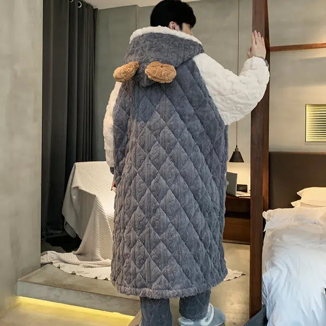兰缪 简约舒适睡袍长裤连帽睡衣套装 男款 灰色