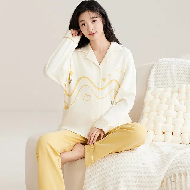 兰缪 长袖开衫简约可外穿休闲春秋季睡衣套装 女款 图片色