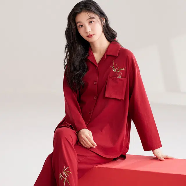 兰缪 舒适简约植物可外穿长袖长裤睡衣套装 女款 图片色