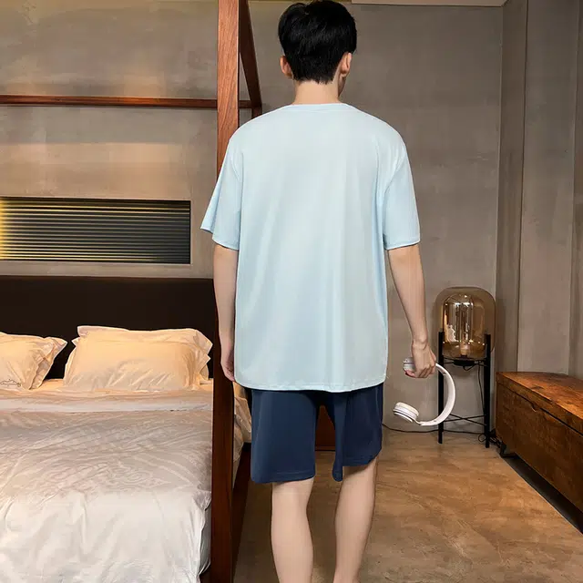兰缪 男士夏季冰丝螺纹短袖薄款夏天可外穿宽松家居服睡衣套装 男款