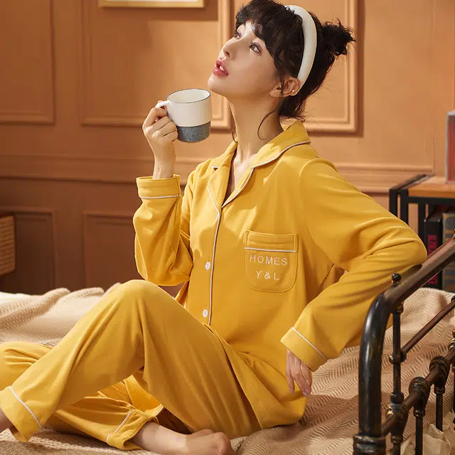 兰缪 发热德绒加厚保暖长袖长裤家居服睡衣套装 女款 黄色