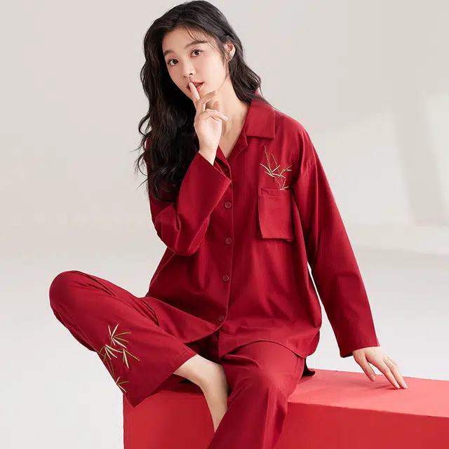 兰缪 舒适简约植物可外穿长袖长裤睡衣套装 女款 图片色