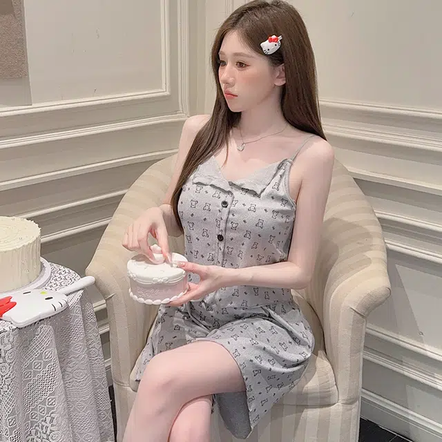 兰缪 带胸垫舒适甜美无袖吊带上衣家居服三分裤睡衣套装 女款 图片色