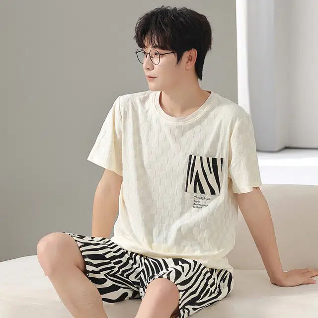兰缪 舒适简约短袖薄款大码家居服睡衣套装 男款 图片色