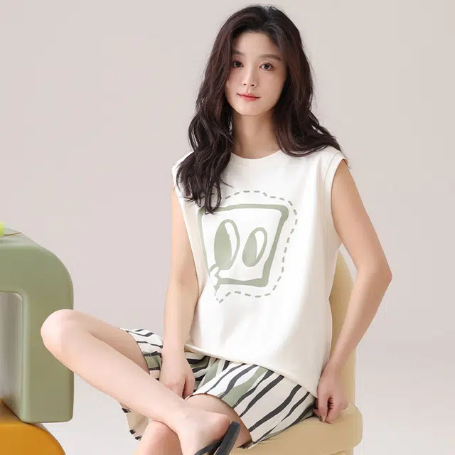 兰缪 纯棉薄款大码家居服睡衣套装 女款 图片色