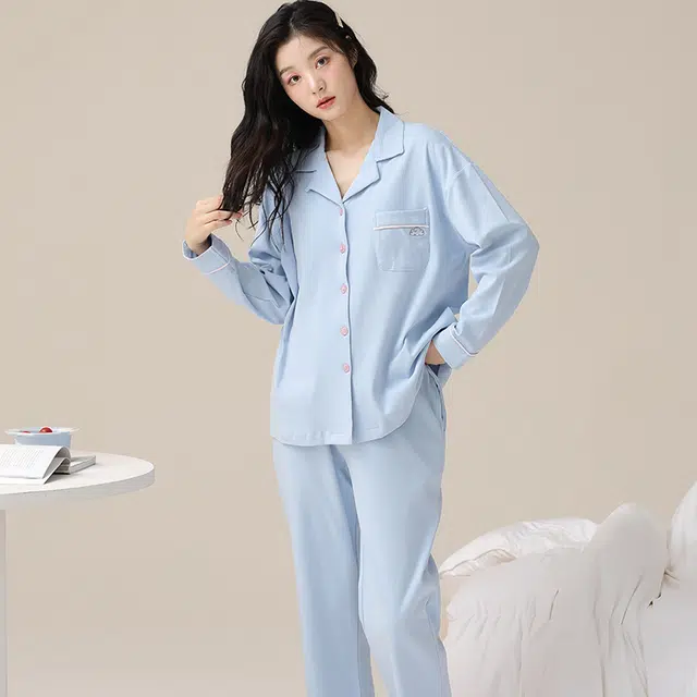 兰缪 纯棉长袖带胸垫简约舒适柔软亲肤睡衣套装 女款 图色