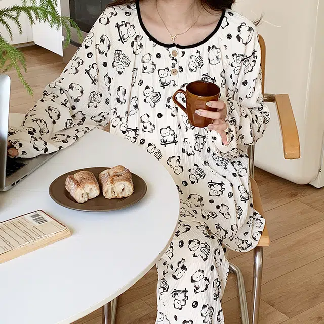 兰缪 圆领套头可爱甜美皱布带胸垫一体长袖长裤睡衣套装 女款 白色