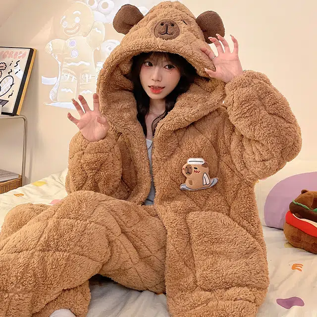 兰缪 连帽舒适休闲简约长袖睡衣套装 女款 图片色