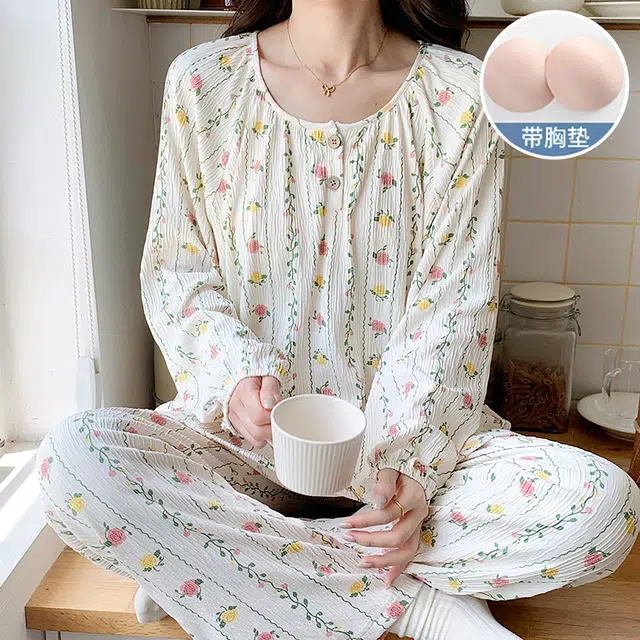 兰缪 皱布带胸垫一体圆领套头长袖长裤可爱甜美睡衣套装 女款 白色
