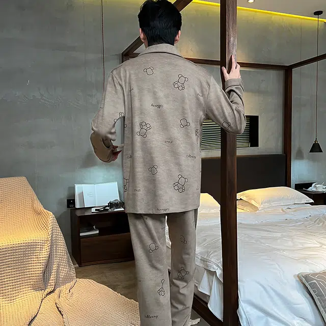 兰缪 翻领舒适长袖上衣家居服休闲长裤睡衣套装 男款 图色