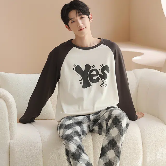 兰缪 男士春夏秋季纯棉长袖大码学生薄款青少年家居服可外穿睡衣套装 男款