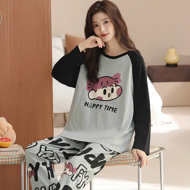 兰缪 纯棉女春夏秋冬款长袖长裤薄款简约圆领套头女士可外穿家居服睡衣套装 女款