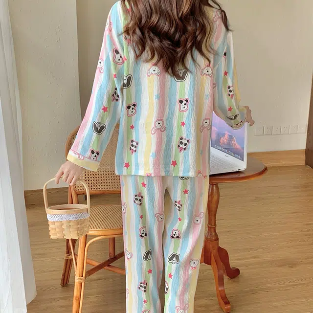 兰缪 甜美带胸垫一体休闲长袖长裤可外穿家居服睡衣套装 女款 图色