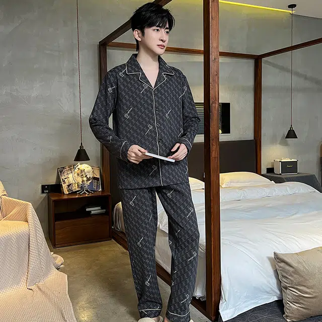 兰缪 时尚高级感纯棉长袖长裤休闲翻领家居服睡衣套装 男款 图色