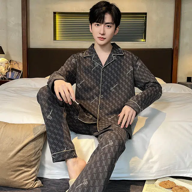 兰缪 时尚高级感纯棉长袖长裤休闲翻领家居服睡衣套装 男款 图色