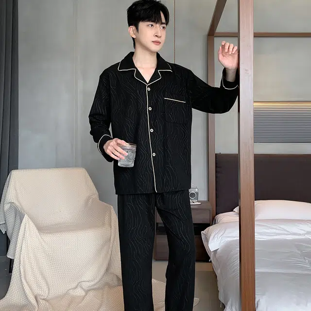 兰缪 保暖德绒长袖加厚休闲长裤可外穿家居服睡衣套装 男款 黑色