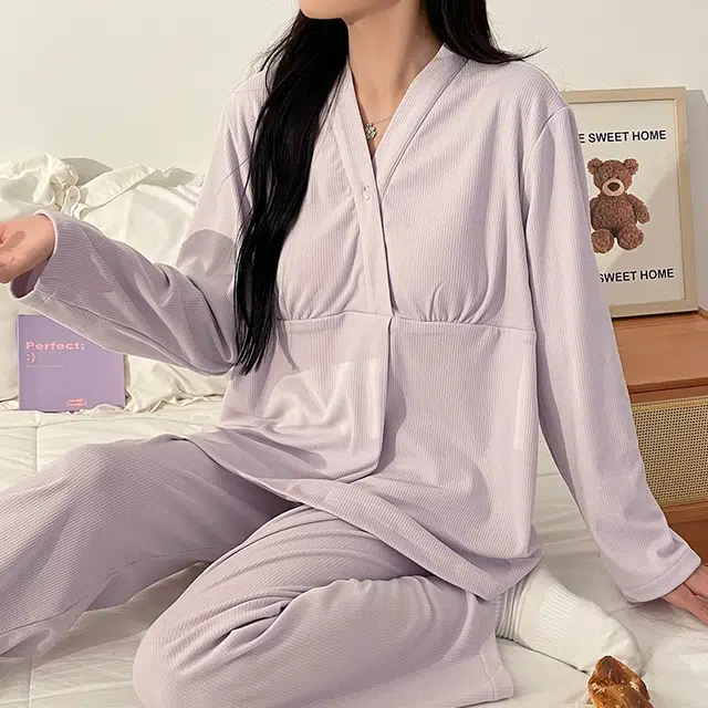 兰缪 德绒保暖带胸垫休闲月子服家居服睡衣套装 女款 浅紫色