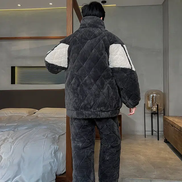 兰缪 三层夹棉保暖家居服长袖长裤睡衣套装 男款 图片色