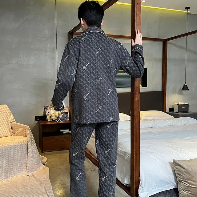 兰缪 时尚高级感纯棉长袖长裤休闲翻领家居服睡衣套装 男款 图色