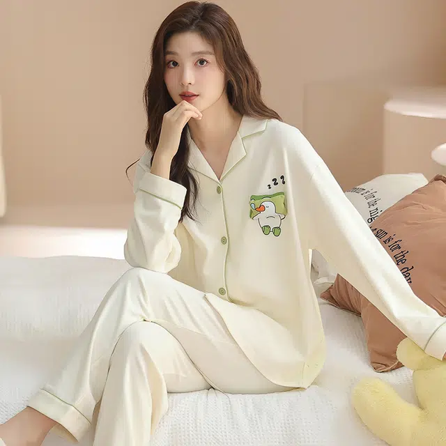 兰缪 女士春夏秋冬款纯棉长袖薄款开衫可爱风大码宽松家居服睡衣套装 女款