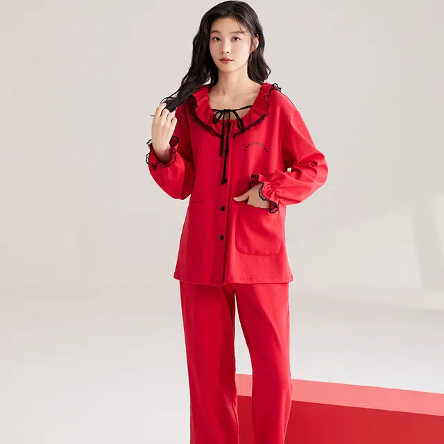 兰缪 舒适亲肤圆领长袖上衣可外穿家居服长裤睡衣套装 女款 图片色