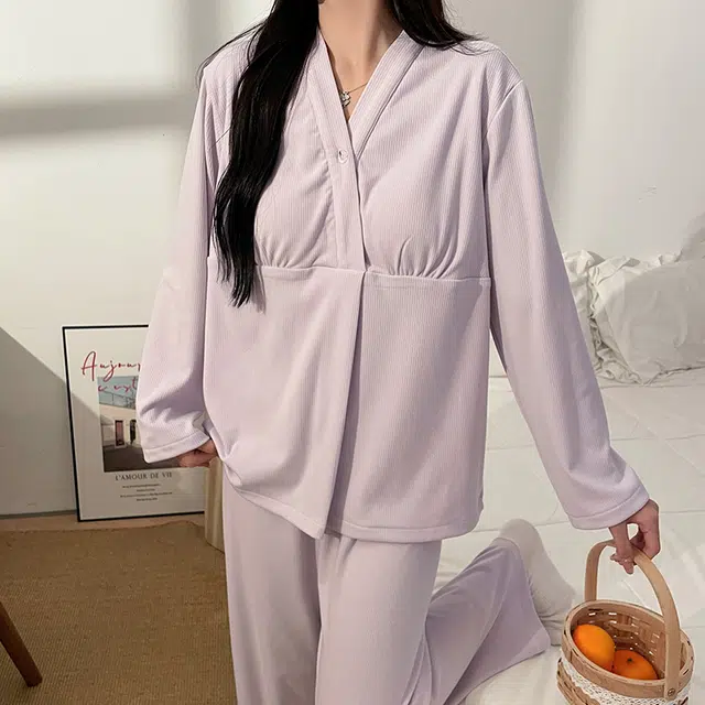 兰缪 德绒保暖带胸垫休闲月子服家居服睡衣套装 女款 浅紫色