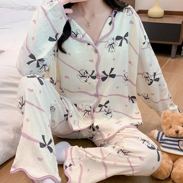 兰缪 翻领长袖长裤薄款带胸垫一体防凸点睡衣套装 女款 杏色