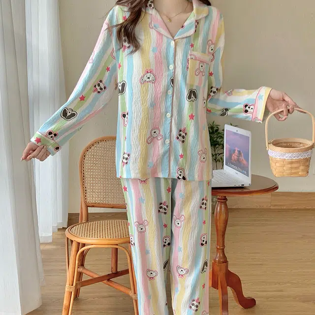 兰缪 甜美带胸垫一体休闲长袖长裤可外穿家居服睡衣套装 女款 图色
