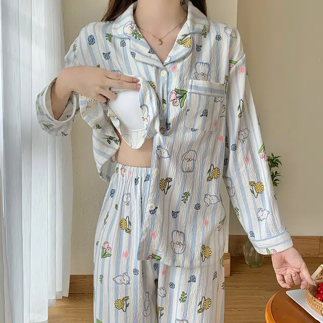兰缪 带胸垫舒适透气长袖长裤家居服睡衣套装 女款 图色
