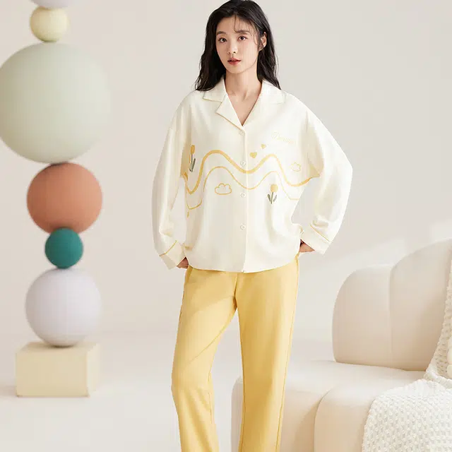 兰缪 长袖开衫简约可外穿休闲春秋季睡衣套装 女款 图片色