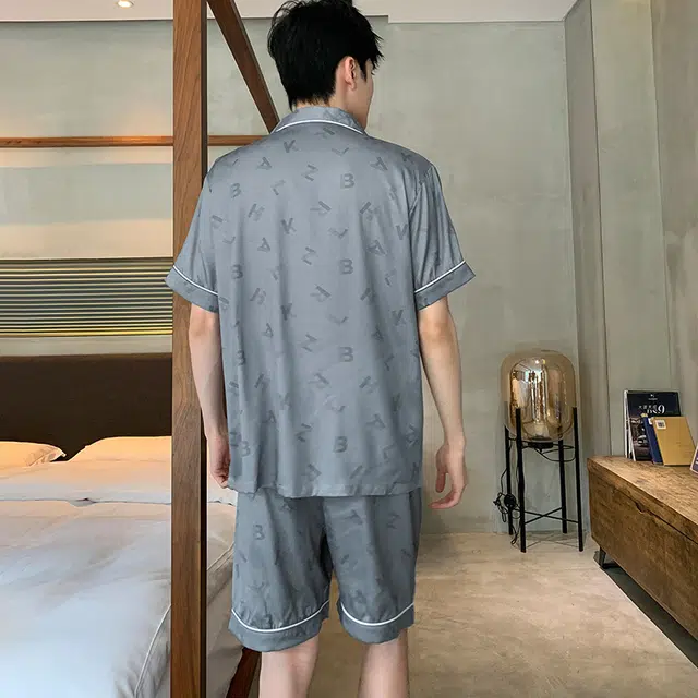 兰缪 美式字母简约短袖冰丝凉感短裤睡衣套装 男款 灰色