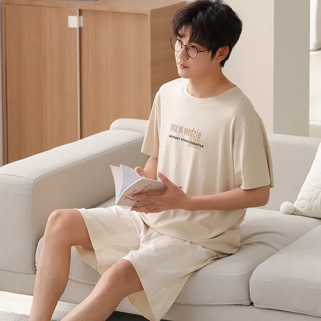 兰缪 舒适凉感透气短袖可外穿家居服睡衣套装 男款 图片色