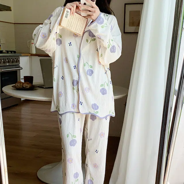 兰缪 简约亲肤可爱甜美带胸垫一体开衫长袖休闲可外穿长裤睡衣套装 女款 图片色