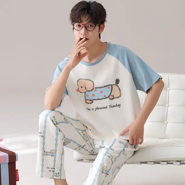 兰缪 短袖长裤小狗字母舒适家居服睡衣套装 男款 图片色