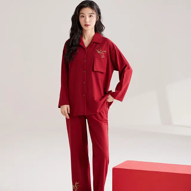 兰缪 舒适简约植物可外穿长袖长裤睡衣套装 女款 图片色