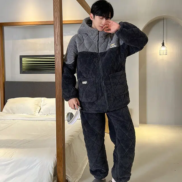 兰缪 保暖三层夹棉连帽家居服睡衣套装 男款 图片色