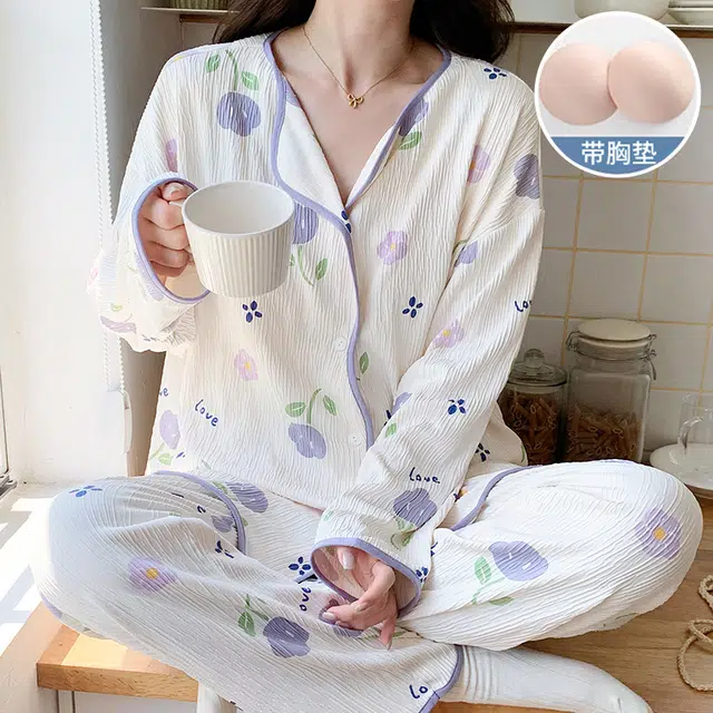 兰缪 简约亲肤可爱甜美带胸垫一体开衫长袖休闲可外穿长裤睡衣套装 女款 图片色