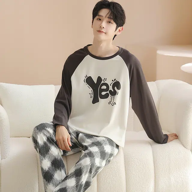 兰缪 男士春夏秋季纯棉长袖大码学生薄款青少年家居服可外穿睡衣套装 男款