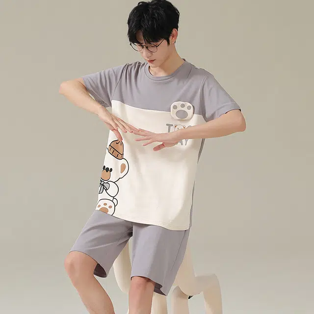兰缪 休闲薄款短袖上衣家居服五分裤睡衣套装 男款 图片色