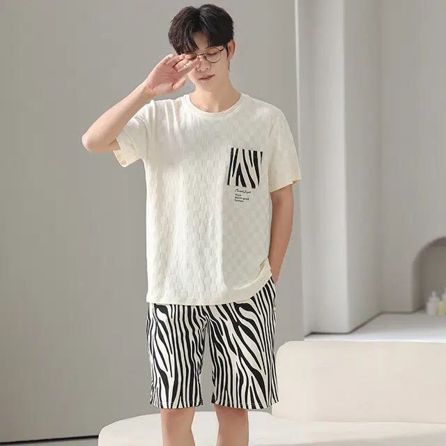 兰缪 舒适简约短袖薄款大码家居服睡衣套装 男款 图片色