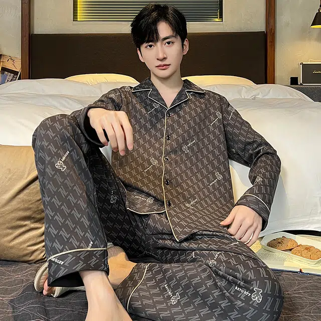 兰缪 时尚高级感纯棉长袖长裤休闲翻领家居服睡衣套装 男款 图色
