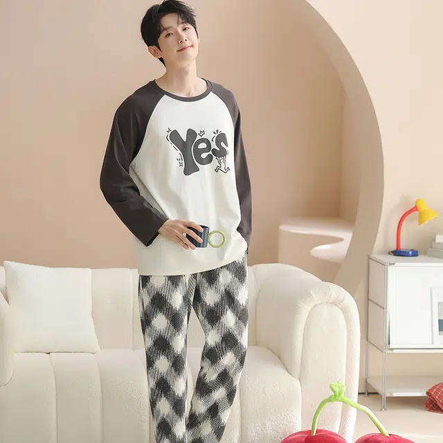 兰缪 男士春夏秋季纯棉长袖大码学生薄款青少年家居服可外穿睡衣套装 男款