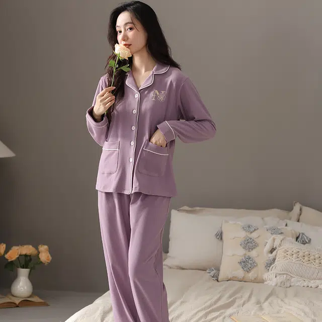 兰缪 保暖德绒长袖加厚翻领长裤家居服睡衣套装 女款 图色