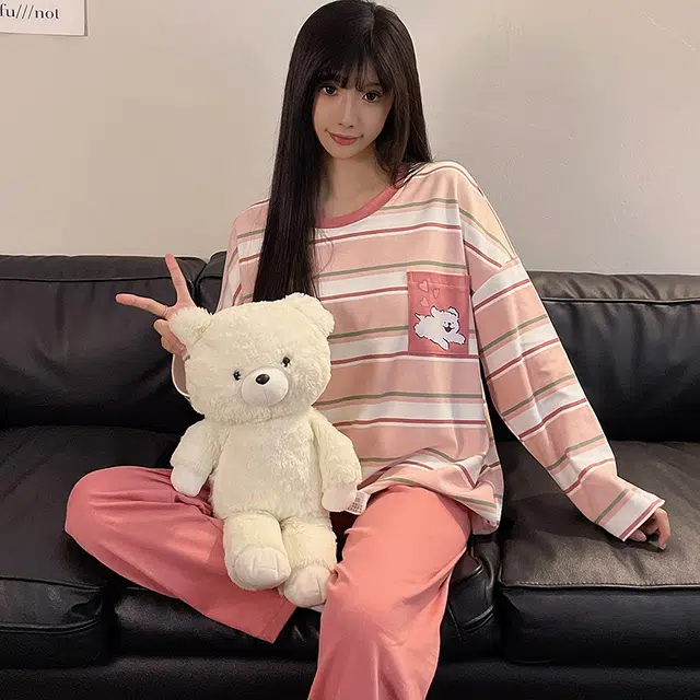 兰缪 简约亲肤舒适带胸垫套头长袖可爱可外穿长裤睡衣套装 女款 粉色