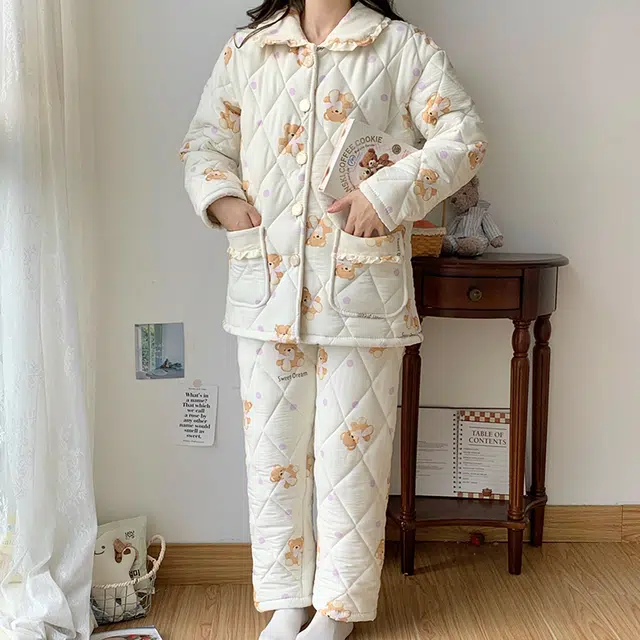 兰缪 三层夹棉加厚休闲舒适可外穿家居服睡衣套装 女款 米白色
