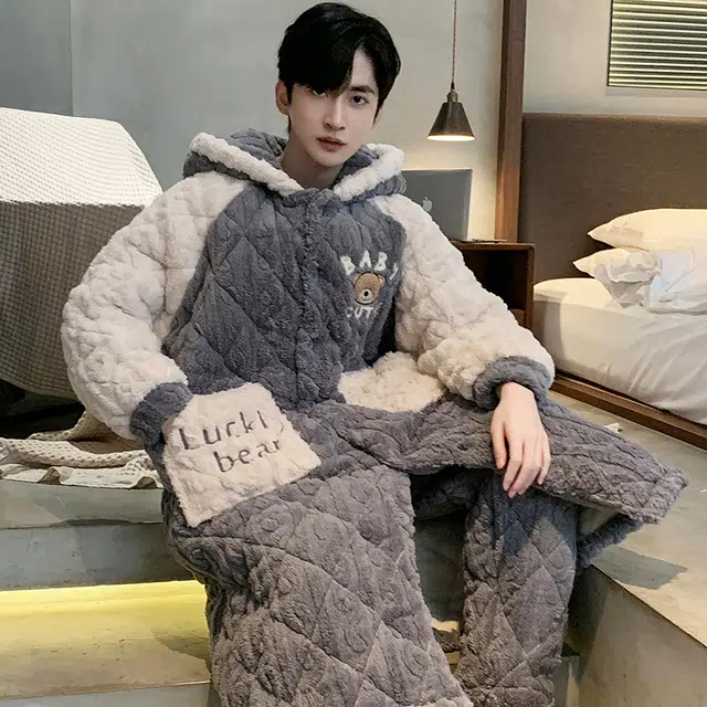 兰缪 简约舒适睡袍长裤连帽睡衣套装 男款 灰色