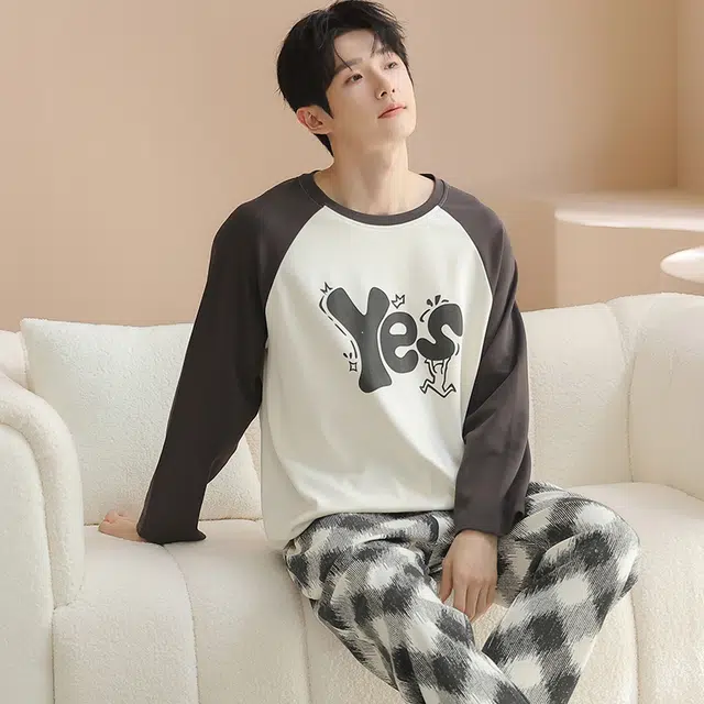 兰缪 男士春夏秋季纯棉长袖大码学生薄款青少年家居服可外穿睡衣套装 男款