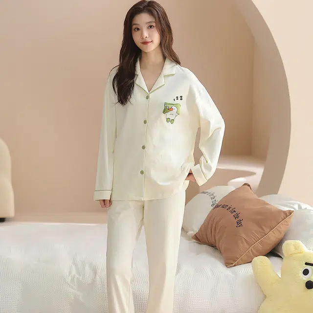 兰缪 女士春夏秋冬款纯棉长袖薄款开衫可爱风大码宽松家居服睡衣套装 女款